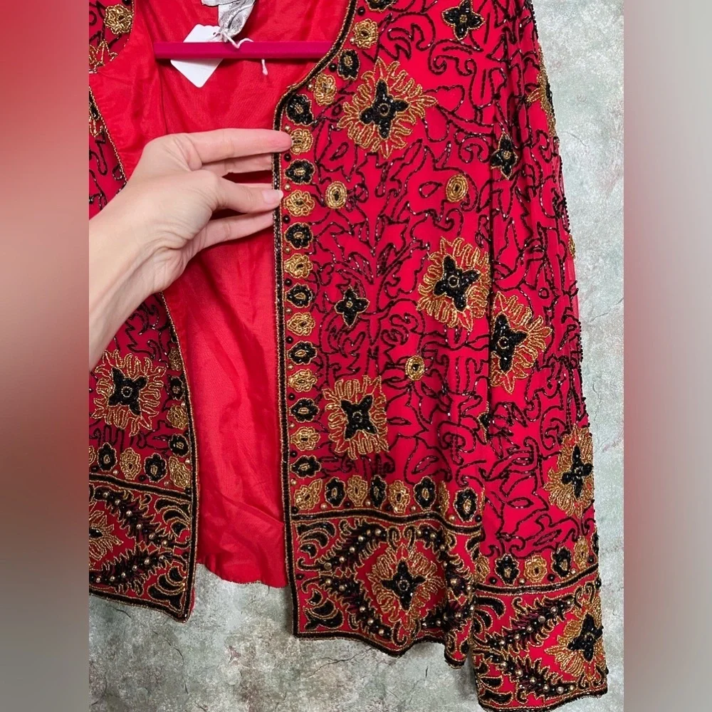 Adrianna Papell 1994 Vintage Red and Black Beaded Blazer with Embroidery - Picture 4 of 8